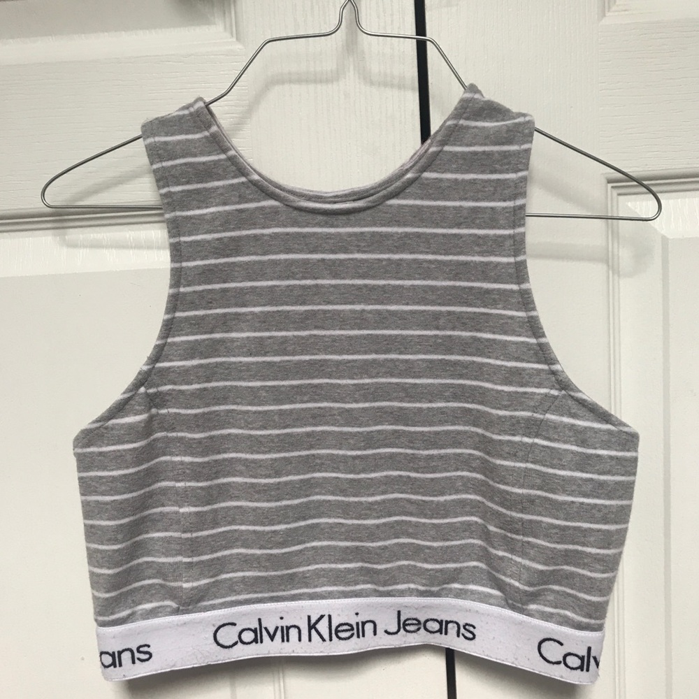 CALVIN KLEIN GREY STRIPED CROP TOP BRALETTE